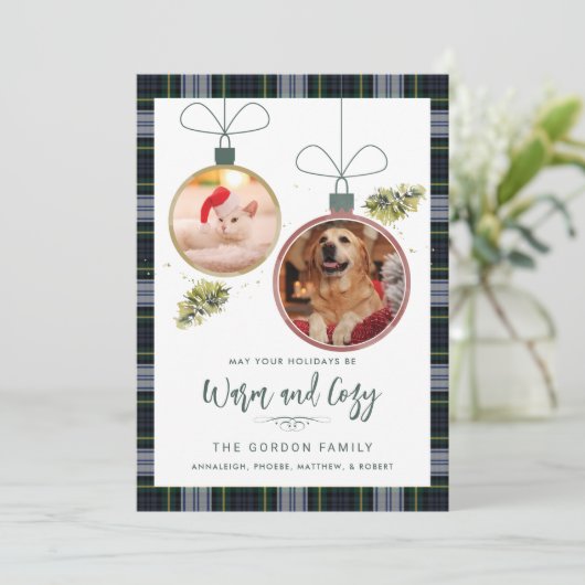 Rustic Plaid Kerstmis 2 Huisdieren Foto's Tartan Feestdagenkaart (Staand voorkant)
