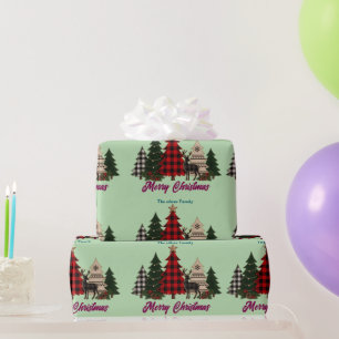 Rustic Plaid Kerstmis Familie Bomen Rendier Cadeaupapier