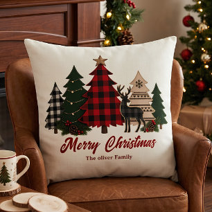Rustic Plaid Kerstmis Familie Bomen Rendier Kussen