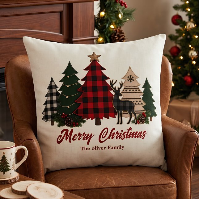 Rustic Plaid Kerstmis Familie Bomen Rendier Kussen (Creator heeft geüpload)