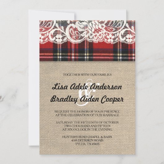 Rustic Plaid Lace Country Wedding Uitnodiging (Voorkant)