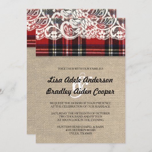 Rustic Plaid Lace Country Wedding Uitnodiging (Voorkant / Achterkant)