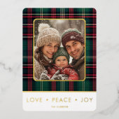 Rustic Plaid Liefde Vrede Vreugde Foto Kerstmis Folie Feestdagenkaart (Voorkant)