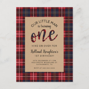 Rustic Plaid Little Man Lumberjack 1e Verjaardag Uitnodiging Briefkaart
