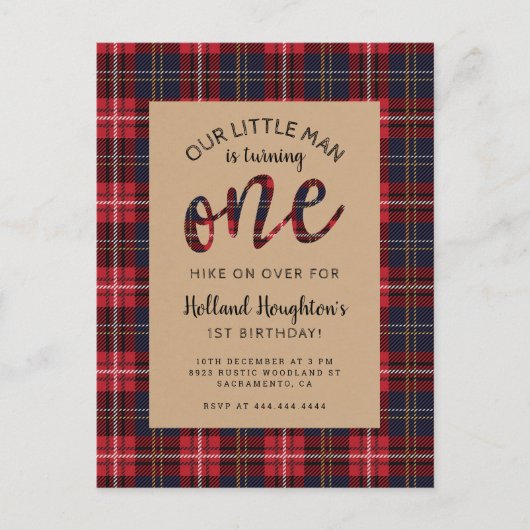 Rustic Plaid Little Man Lumberjack 1e Verjaardag Uitnodiging Briefkaart (Voorkant)