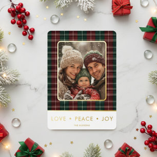 Rustic Plaid Love Peace Joy Foto Kerstmis Folie Feestdagenkaart