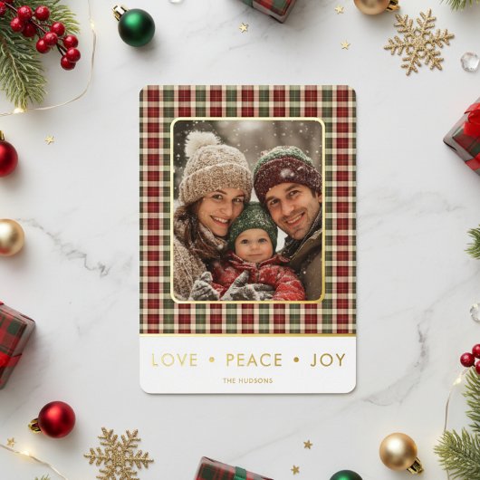 Rustic Plaid Love Peace Joy Foto Kerstmis Folie Feestdagenkaart