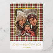 Rustic Plaid Love Peace Joy Foto Kerstmis Folie Feestdagenkaart (Voorkant)