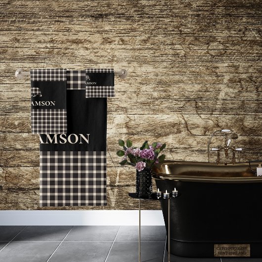 Rustic Plaid Monogram Beer | Black Cream White Bad Handdoek
