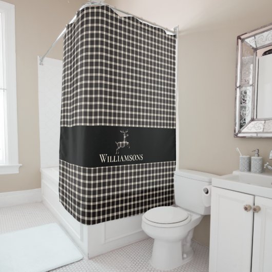 Rustic Plaid Monogram Deer | Crème Wit Zwart Douchegordijn (In situ)