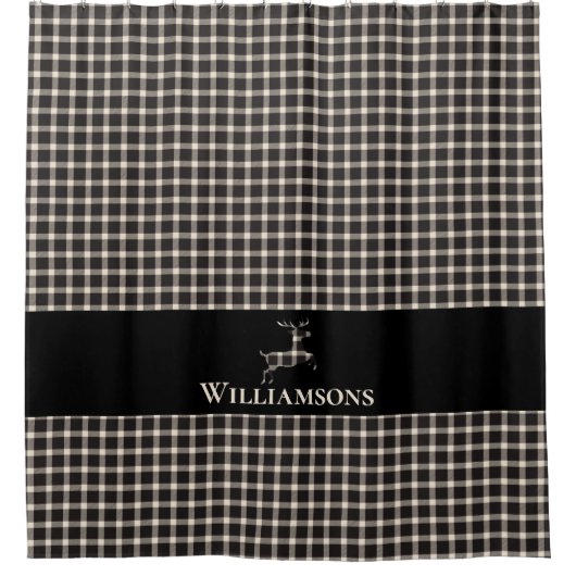 Rustic Plaid Monogram Deer | Crème Wit Zwart Douchegordijn (Voorkant)