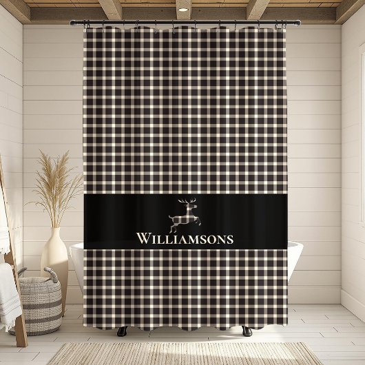 Rustic Plaid Monogram Deer | Crème Wit Zwart Douchegordijn