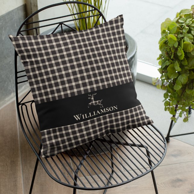Rustic Plaid Monogram Deer | Crème Wit Zwart Kussen (Creator heeft geüpload)