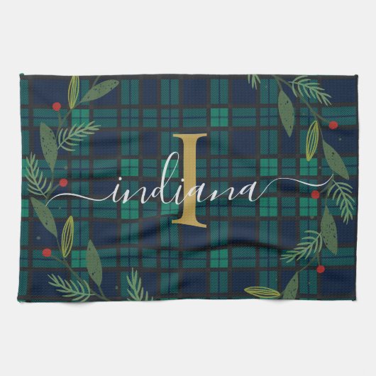 Rustic Plaid Monogram Script Krans Tartan Theedoek (Horizontaal)