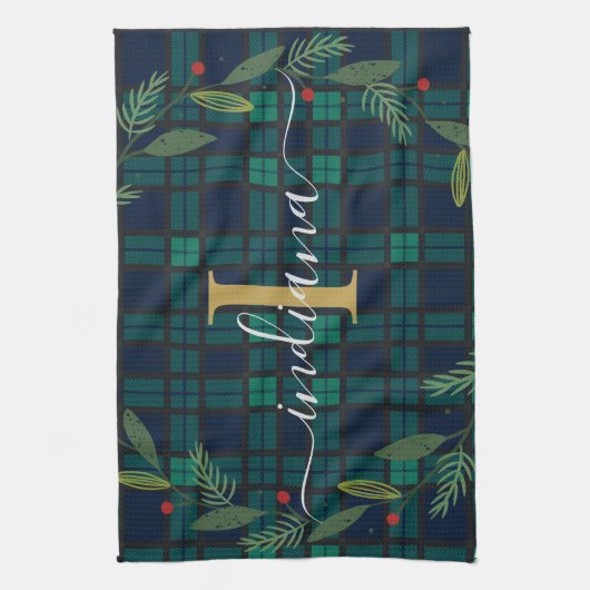 Rustic Plaid Monogram Script Krans Tartan Theedoek (Verticaal)