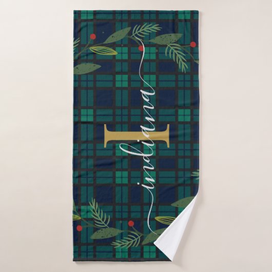 Rustic Plaid Monogram Script Vakantie Krans Tartan Badhanddoek (Badhanddoek)