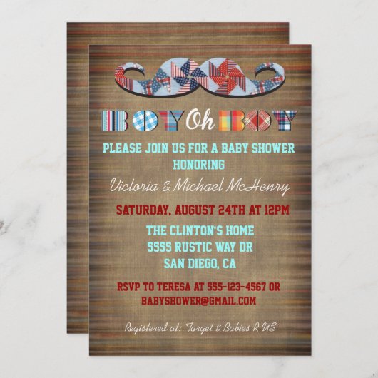 Rustic Plaid Mustache Baby Boy Baby shower Uitnodi Kaart (Voorkant / Achterkant)