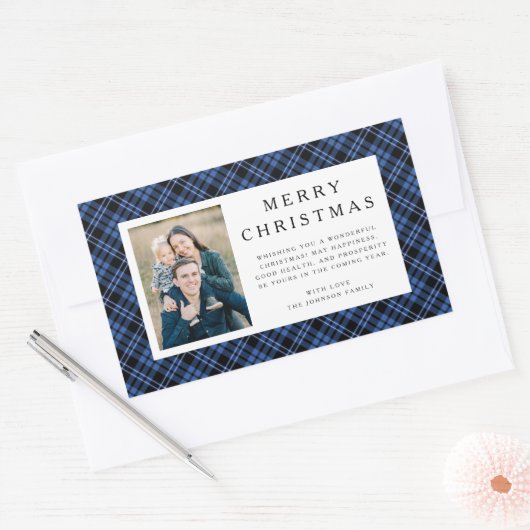 Rustic Plaid Photo Christmas Rechthoekige Sticker (Envelop)