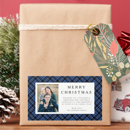 Rustic Plaid Photo Christmas Rechthoekige Sticker (Feestdagen)
