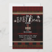 Rustic Plaid Rode Babybeer Eerste 1e Verjaardagsfe Kaart (Voorkant)