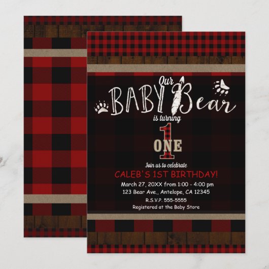 Rustic Plaid Rode Babybeer Eerste 1e Verjaardagsfe Kaart (Voorkant / Achterkant)