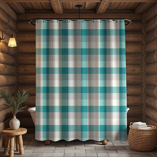 Rustic Plaid Turquoise Grijs Beige Douchegordijn