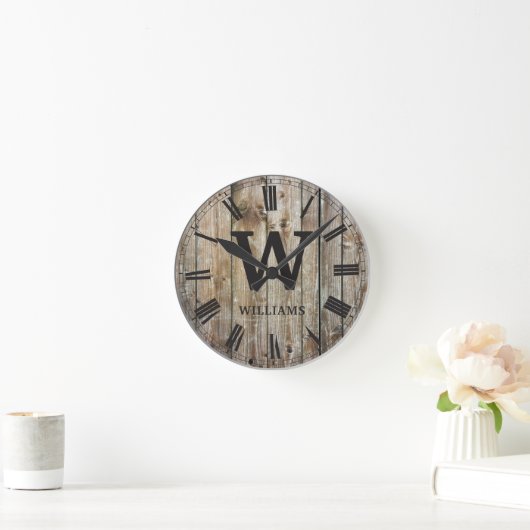Rustic Planks Wood Custom Family Initiaal Farmhous Ronde Klok (Huis)