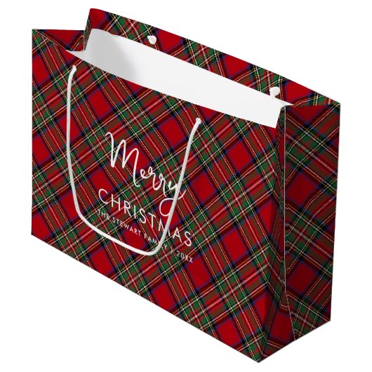 Rustic Playscript Christmas Stewart Tartan Groot Cadeauzakje (Voorkant Gekanteld)