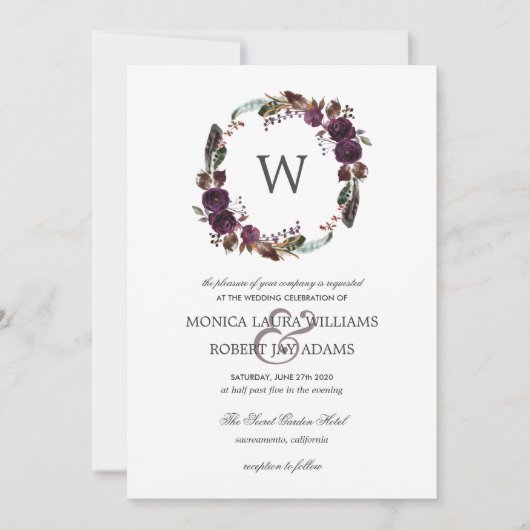 Rustic Plum | Autum Floral Wreath Monogram Weddens Kaart (Voorkant)