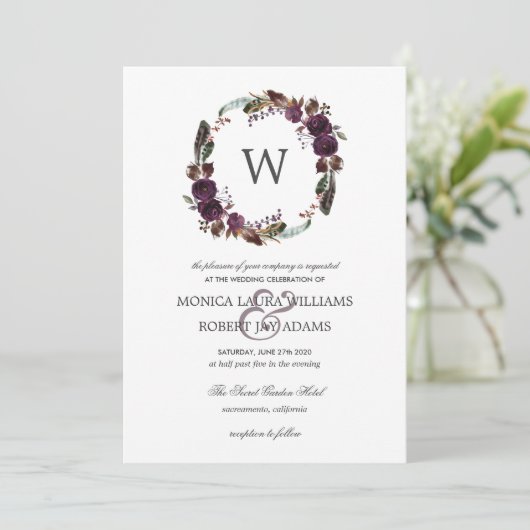 Rustic Plum | Autum Floral Wreath Monogram Weddens Kaart (Staand voorkant)