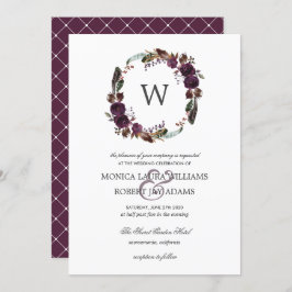 Rustic Plum | Autum Floral Wreath Monogram Weddens Kaart