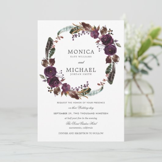 Rustic Plum | Autumn Boho Floral Wreath bruiloft Kaart (Staand voorkant)