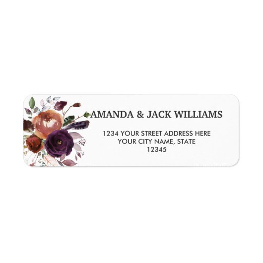Rustic Plum | Bloemen en veren Bloemige Trouwdag Etiket (Voorkant)