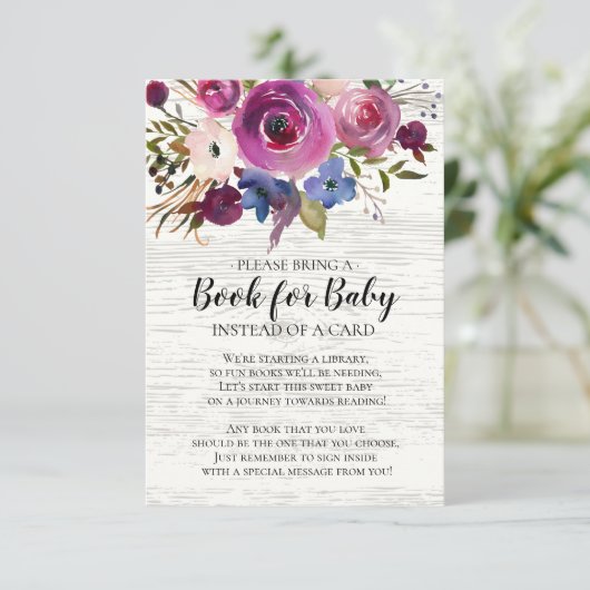 Rustic Plum Floral Baby shower Boek voor Baby Informatiekaartje (Staand voorkant)