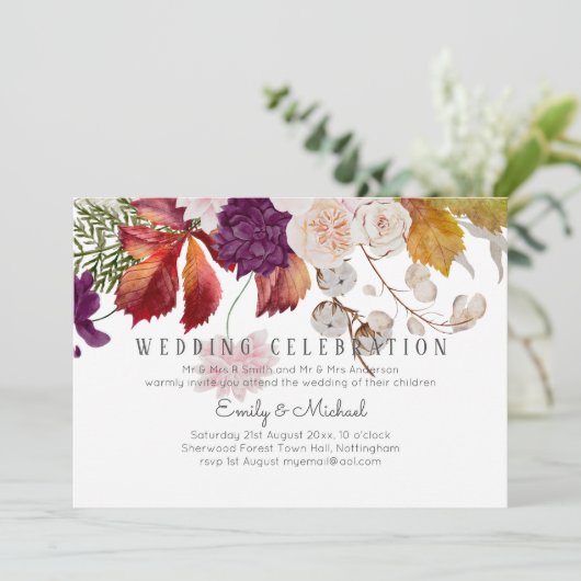 Rustic Plum Ginger Fig Floral Wedding Invite Kaart (Staand voorkant)