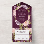 Rustic Plum Paars en Blush Pink Floral Wedding All In One Uitnodiging (Binnen)