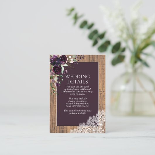 Rustic Plum Paars Floral Lace Wood Details Informatiekaartje (Staand voorkant)