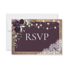 Rustic Plum Paars Floral Lace Wood Wedding RSVP