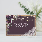 Rustic Plum Paars Floral Lace Wood Wedding RSVP (Staand voorkant)