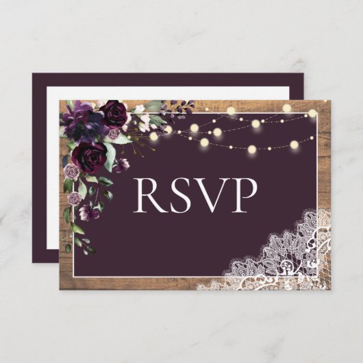 Rustic Plum Paars Floral Lace Wood Wedding RSVP (Voorkant / Achterkant)