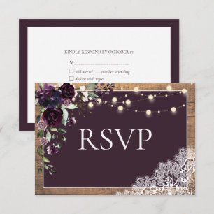 Rustic Plum Paars Floral Lace Wood Wedding RSVP