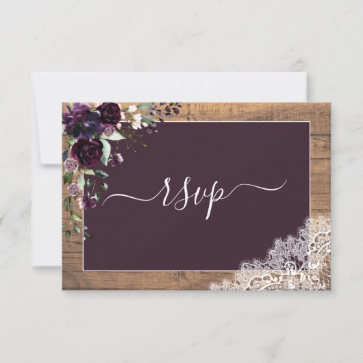 Rustic Plum Paars Floral Script Lace Wood RSVP (Voorkant)