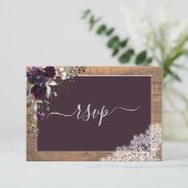 Rustic Plum Paars Floral Script Lace Wood RSVP (Staand voorkant)