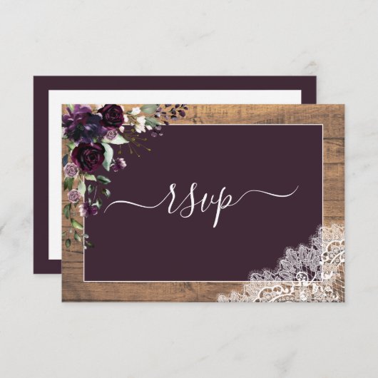 Rustic Plum Paars Floral Script Lace Wood RSVP (Voorkant / Achterkant)