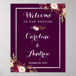 Rustic Plum Paars Floral Welcome Wedding Sign Poster
