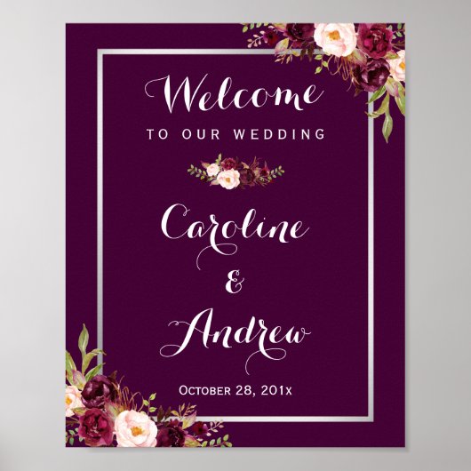 Rustic Plum Paars Floral Welcome Wedding Sign Poster (Voorkant)