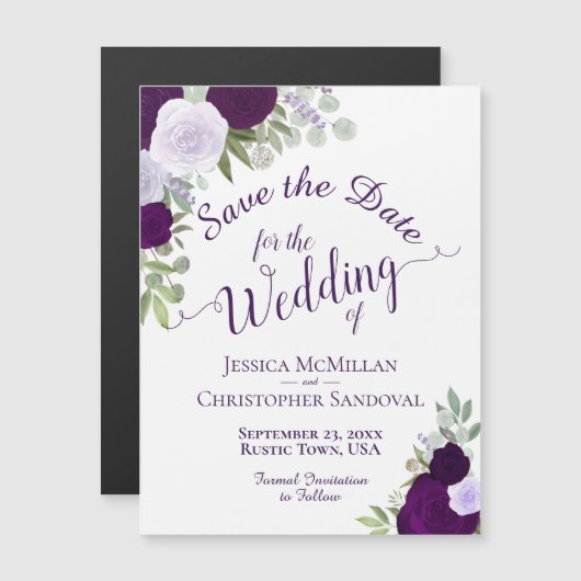 Rustic Plum Paarse Floral Wedding Save the Date Magnetische Uitnodiging (Voorkant / Achterkant)