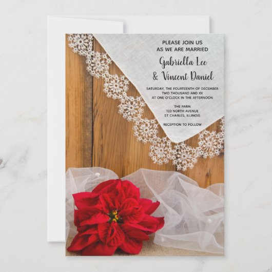 Rustic Poinsettia en Lace Winter Barn Wedding Kaart (Voorkant)