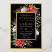 Rustic Poinsettia Floral Black kerstbruiloft Folie Uitnodiging (Voorkant)