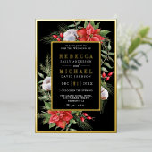 Rustic Poinsettia Floral Black kerstbruiloft Folie Uitnodiging (Staand Voorkant)